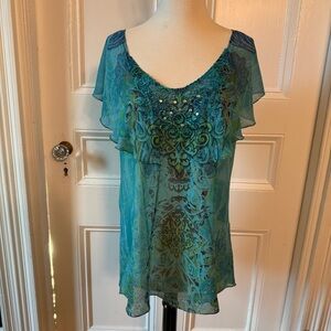 Unity World Wear Women’s Blue Green Studded Patterned Top Medium Flutter Sleeve